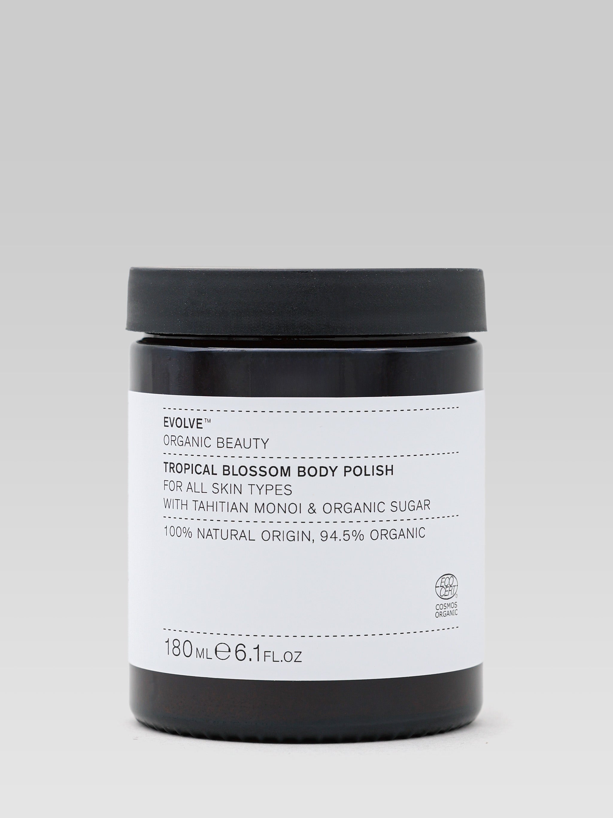 EVOLVE BEAUTY Tropical Blossom Body Polish product shot for all skin types with Tahitian monoi and organic sugar 100% natural origin 