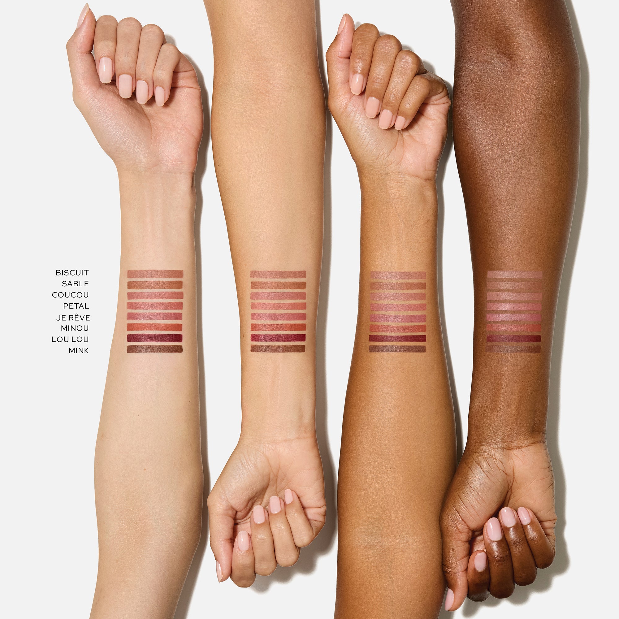 WESTMAN ATELIER Lip Shape Lip Liner Arm Swatches on four different skin tones