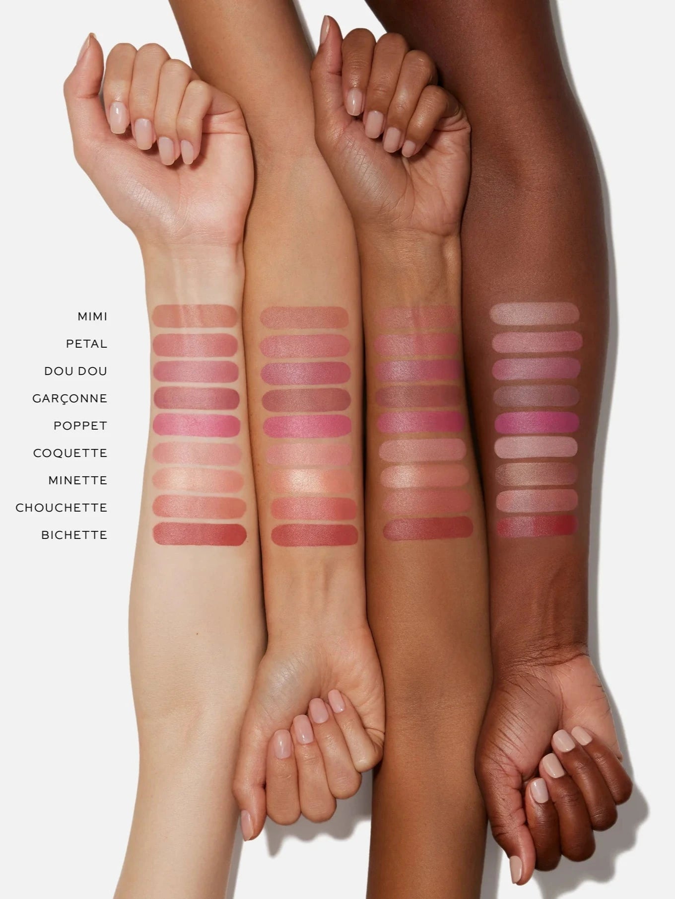 Westman Atelier Baby Cheeks Blush Stick swatches on four arms