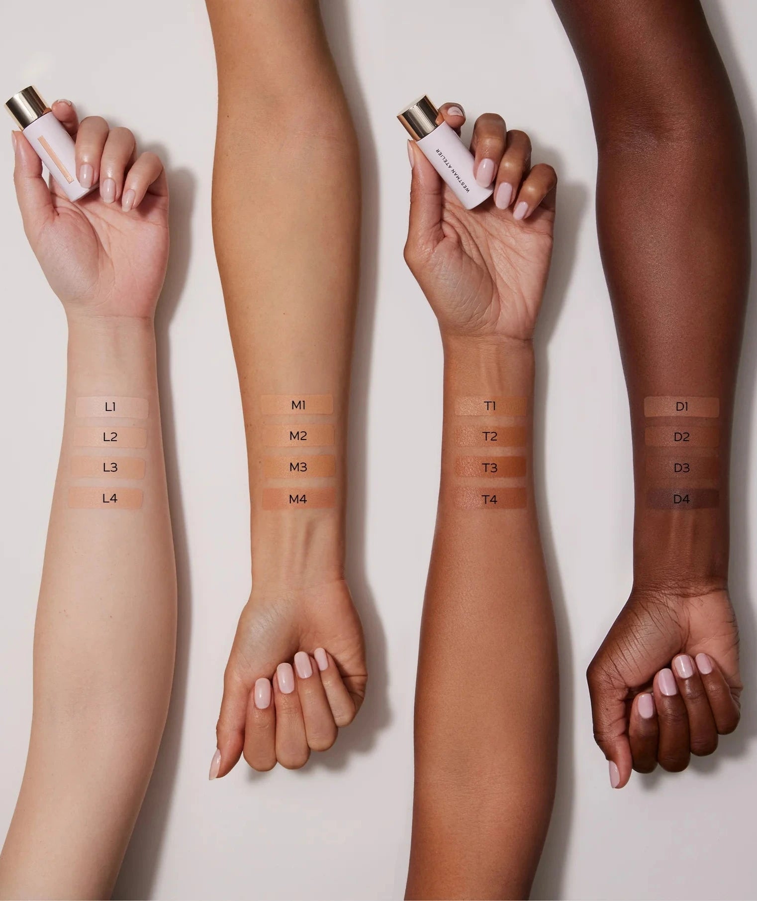 WESTMAN ATELIER Vital Skincare Concealer swatches on four arms