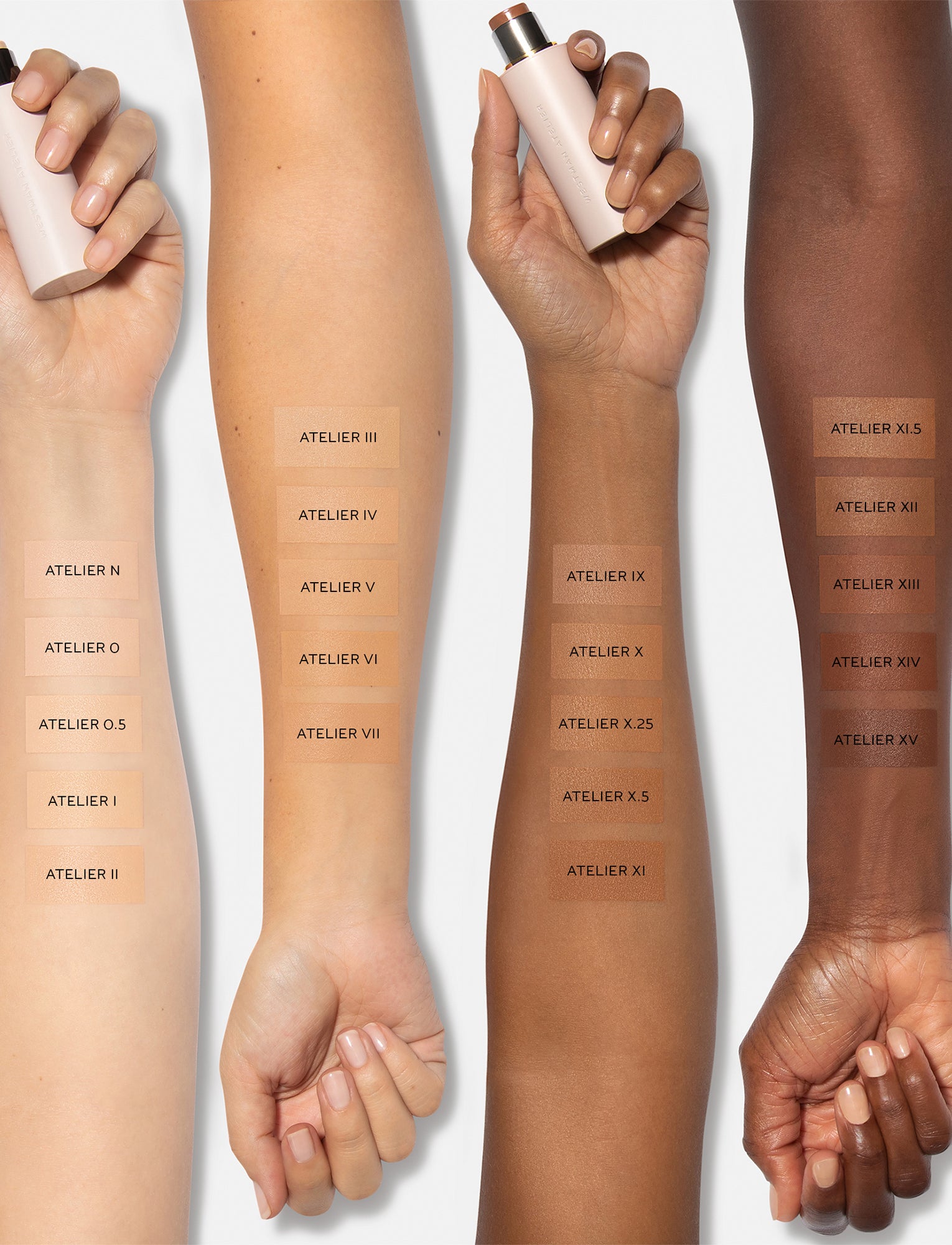 Westman Atelier Vital Skin Foundation Stick swatched on four arms